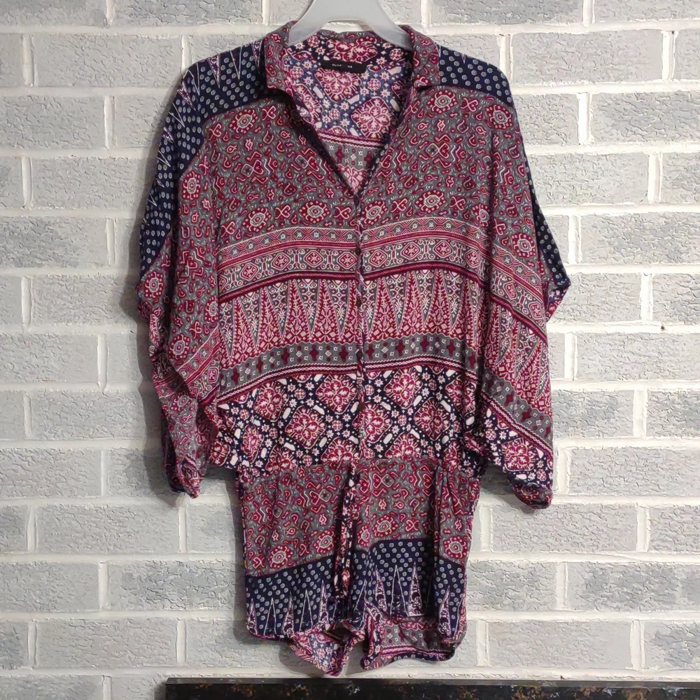 Olivaceous Women's Pink, Blue Tribal Patterned Romper Size Medium